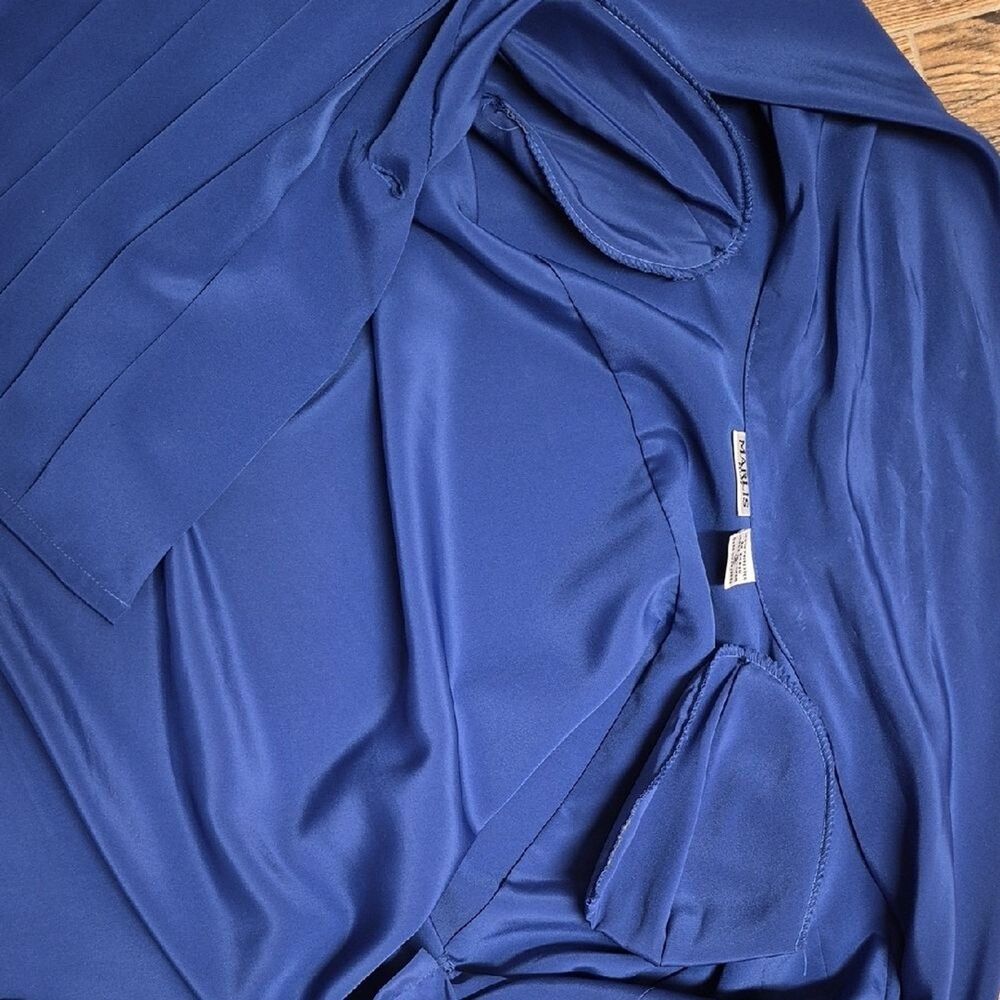 Vintage Marlis 80s Padded Shoulder Blouse Royal Blue Wrap Top Petite Small PS 90 - Picture 10 of 13